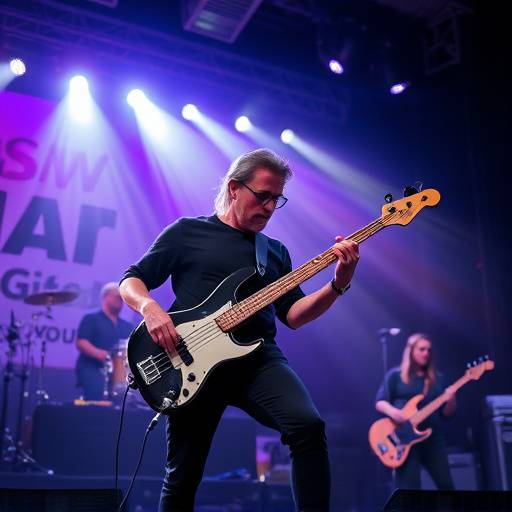 En bassist der står på scenen og optræder med sit band.