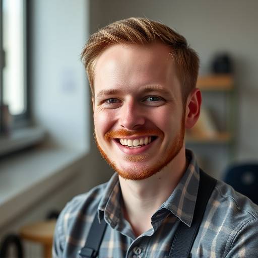 Portræt af Mathias Andersen, assisterende fotograf, smilende
